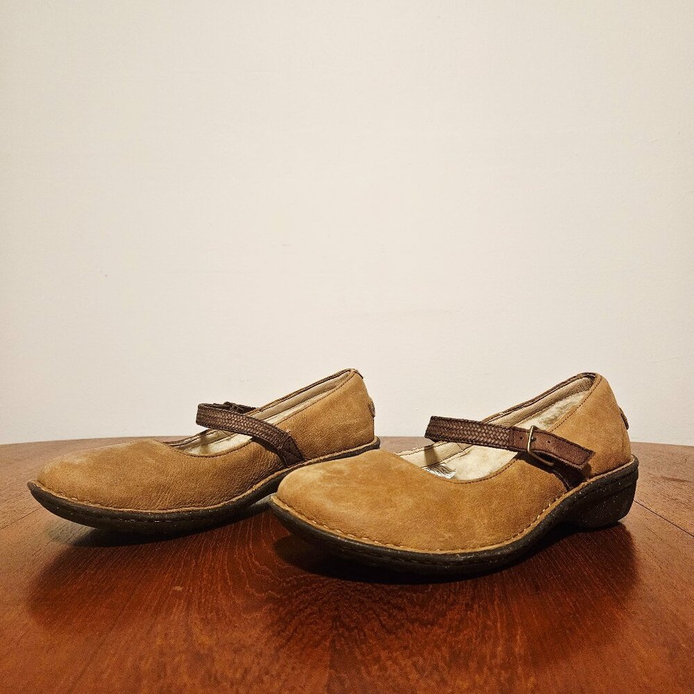 UGG Tan Suede Mary Jane Flats with Brown Strap